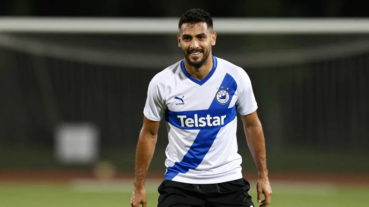 A photorealistic image of an anonymous Telstar player, aged 25-30, with a rugged build, wearing a white jersey with a...